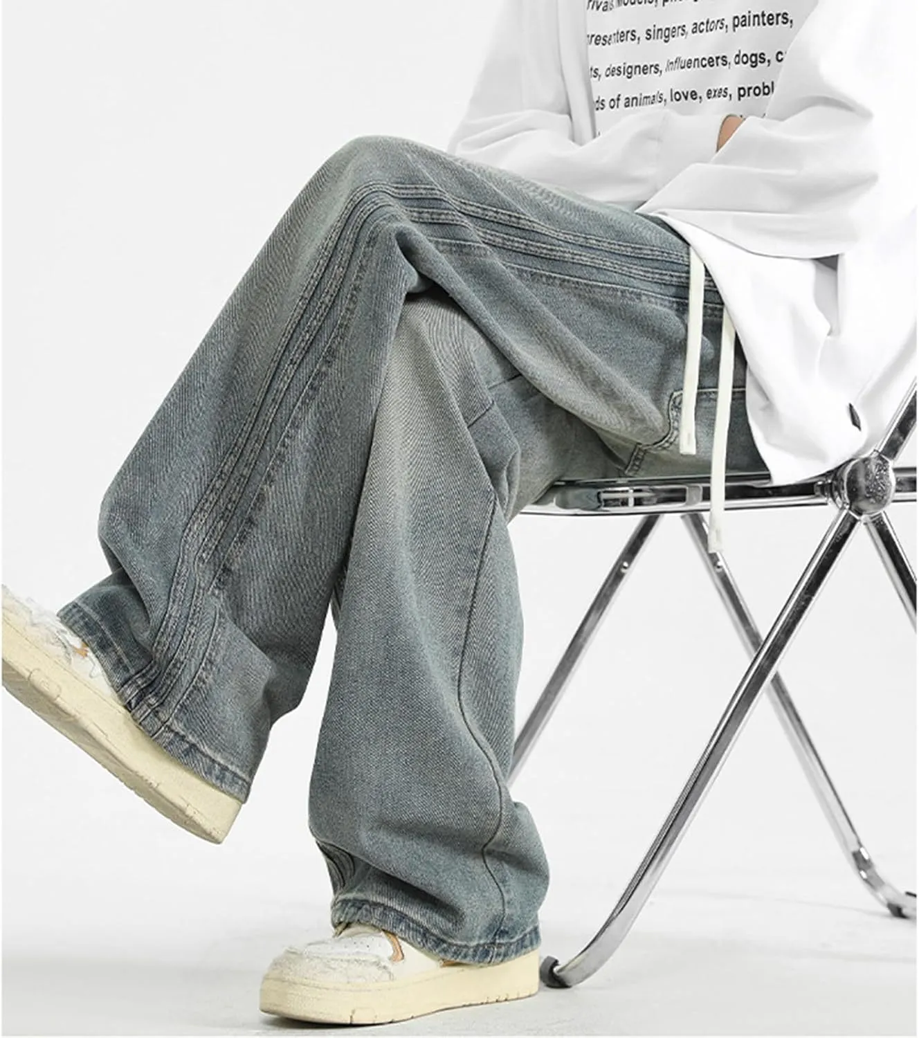 Elastic Waist Jeans for Men Baggy Loose Fit Drawstring Denim Pants Y2k Hip Hop Seam Wide Leg Pull On Jeans