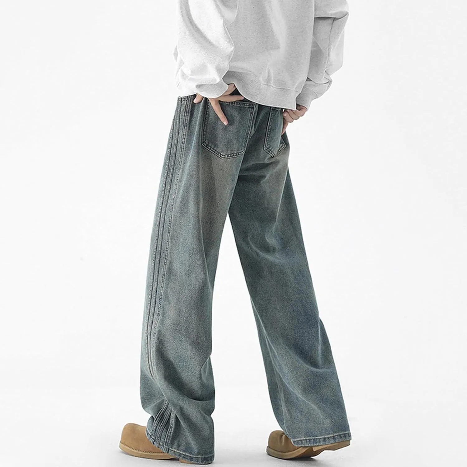 Elastic Waist Jeans for Men Baggy Loose Fit Drawstring Denim Pants Y2k Hip Hop Seam Wide Leg Pull On Jeans