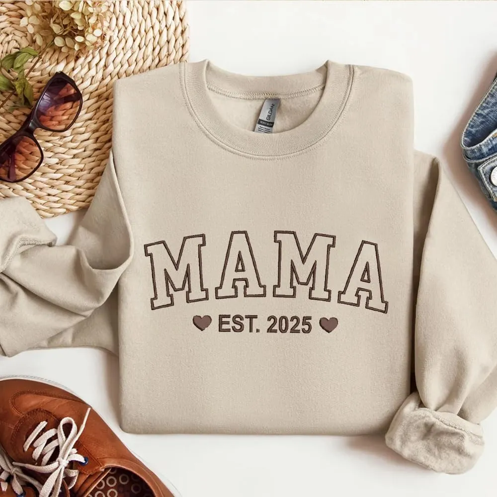 Embroidered Sweatshirts for Women Mom Sweatshirts Gift Crewneck New Mom Wife Pregnancy Reveal Gifts