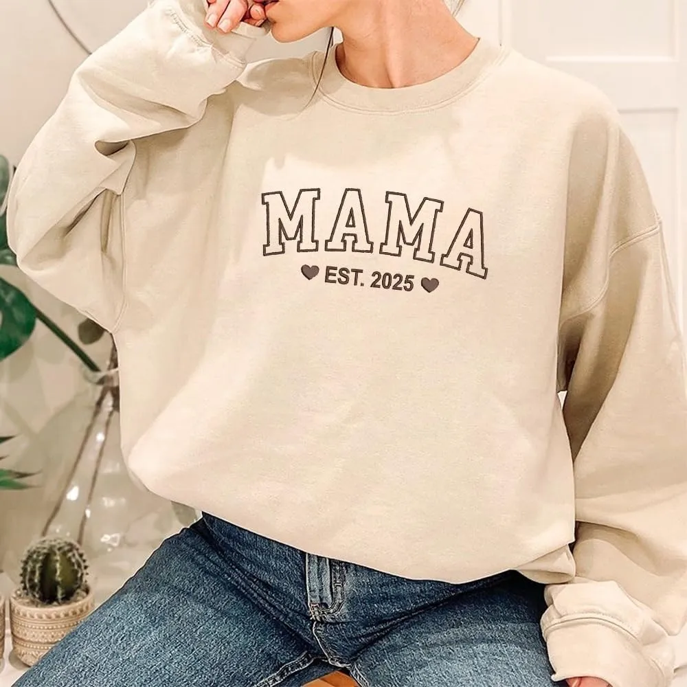 Embroidered Sweatshirts for Women Mom Sweatshirts Gift Crewneck New Mom Wife Pregnancy Reveal Gifts