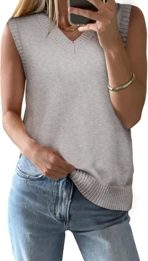 EVALESS Sweater Vest Women Spring Summer Outfits Casual V Neck Sleeveless Sweater Tops Loose Fit Sweaters Women's Clothing