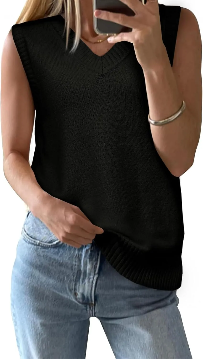 EVALESS Sweater Vest Women Spring Summer Outfits Casual V Neck Sleeveless Sweater Tops Loose Fit Sweaters Women's Clothing