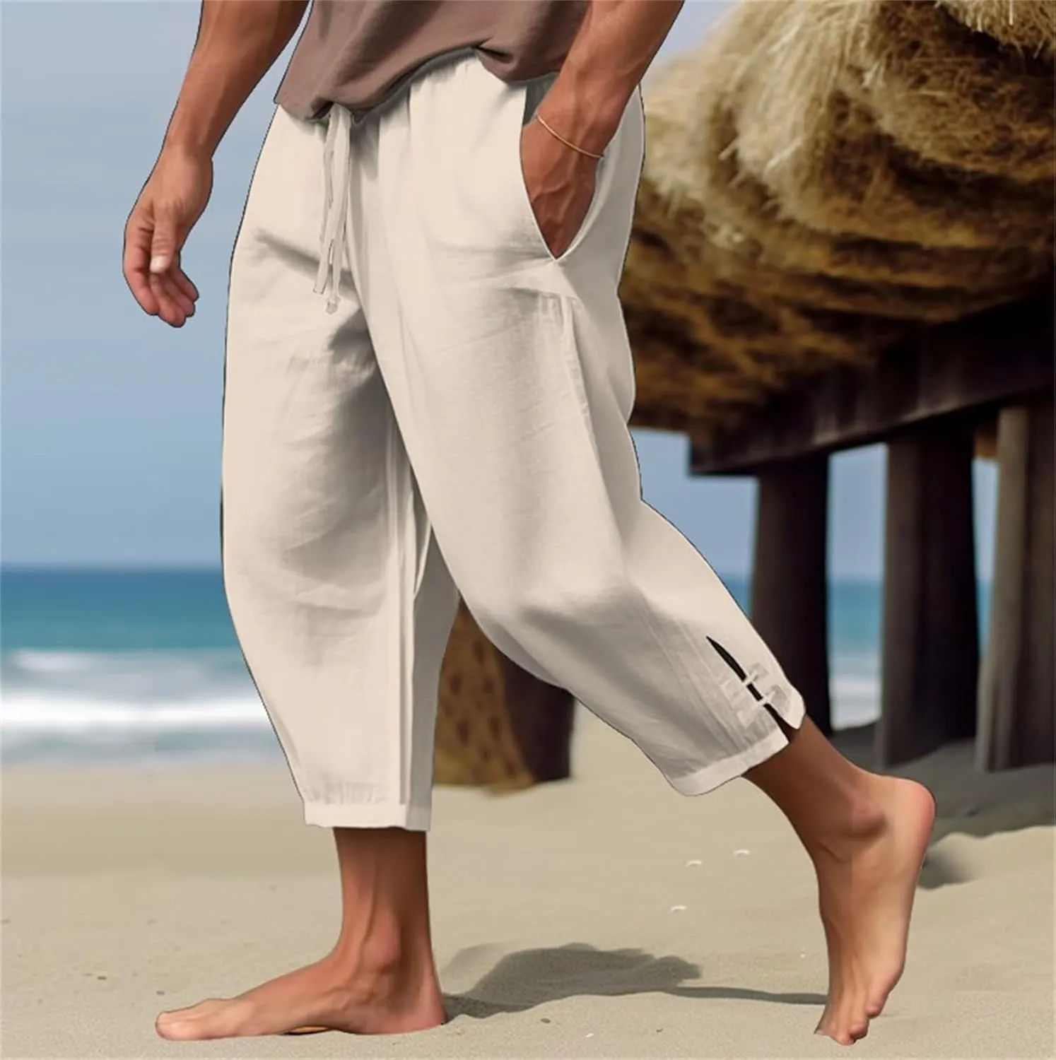evzosrz Men's Linen Harem Pants Loose Lightweight Capri Slacks Drawstring Elastic Waist Casual Beach Yoga Trousers