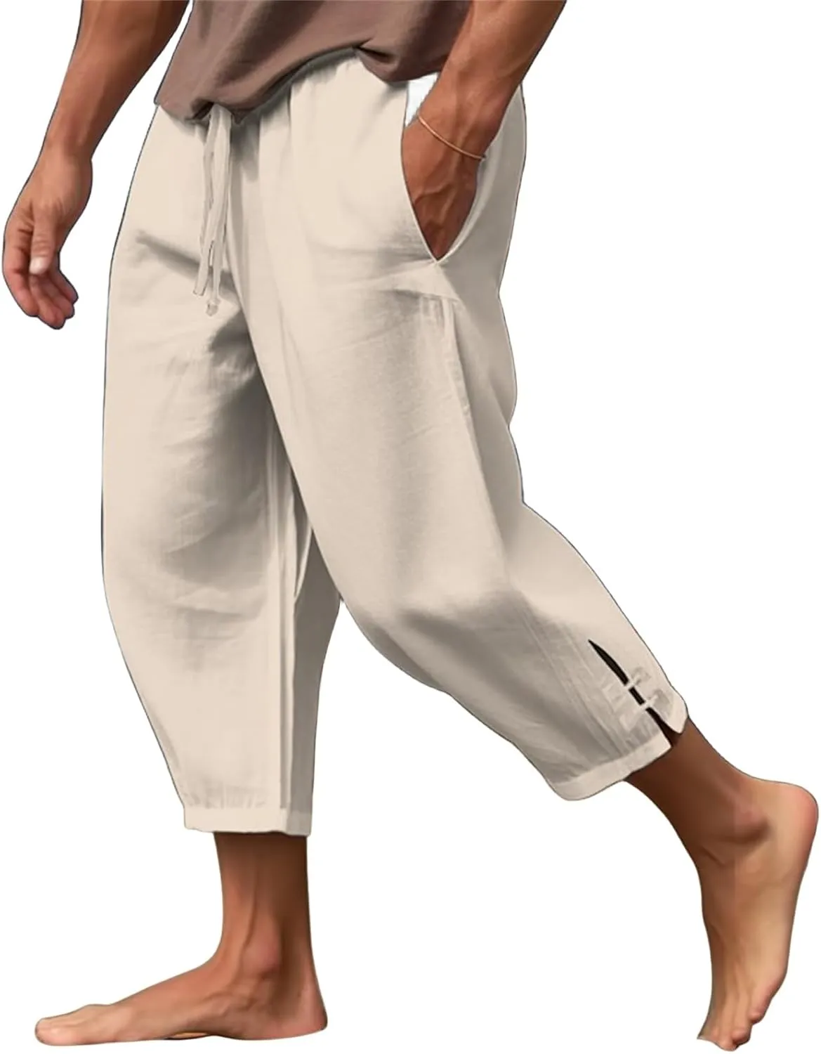 evzosrz Men's Linen Harem Pants Loose Lightweight Capri Slacks Drawstring Elastic Waist Casual Beach Yoga Trousers