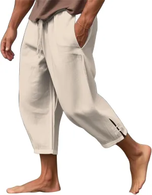 evzosrz Men's Linen Harem Pants Loose Lightweight Capri Slacks Drawstring Elastic Waist Casual Beach Yoga Trousers