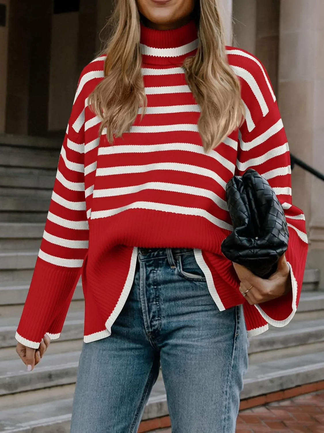 Fall Sweaters for Women Pullover Long Sleeve Turtleneck Striped Knit Tops Loose Casaul