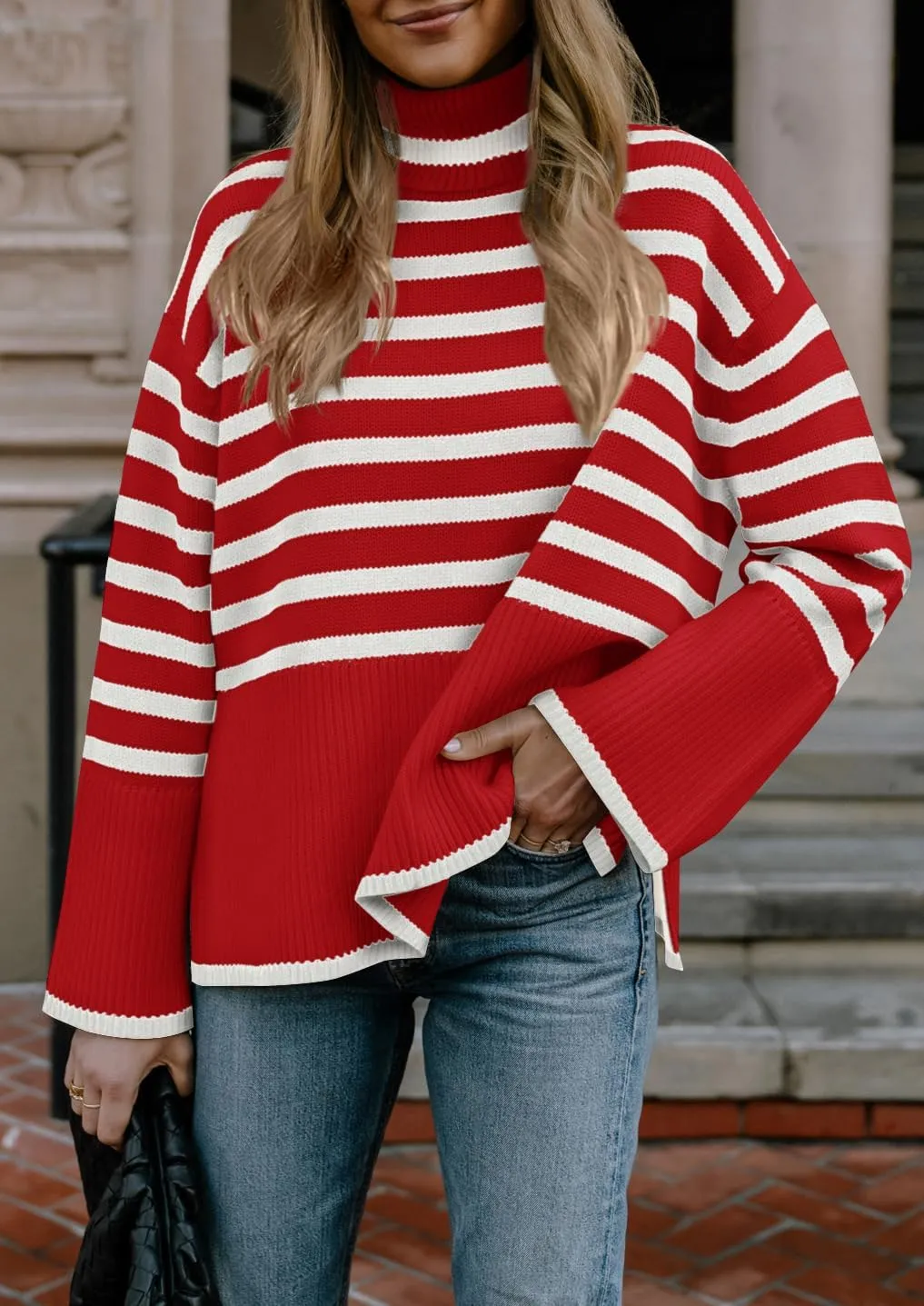 Fall Sweaters for Women Pullover Long Sleeve Turtleneck Striped Knit Tops Loose Casaul