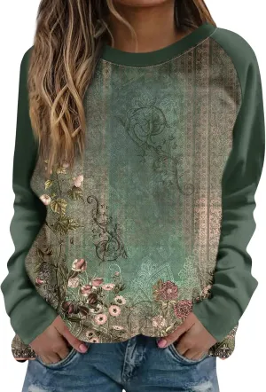 Fall Sweatshirts for Women Long Sleeve Crewneck Vintage Sweatshirt Floral Print Loose Fit Oversized Sweater Clothing