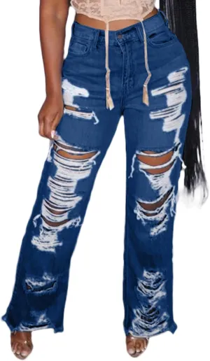 Famnbro Womens Ripped Jeans Y2K High Waisted Distressed Straight Wide Leg Boyfriend Denim Baggy Jeans