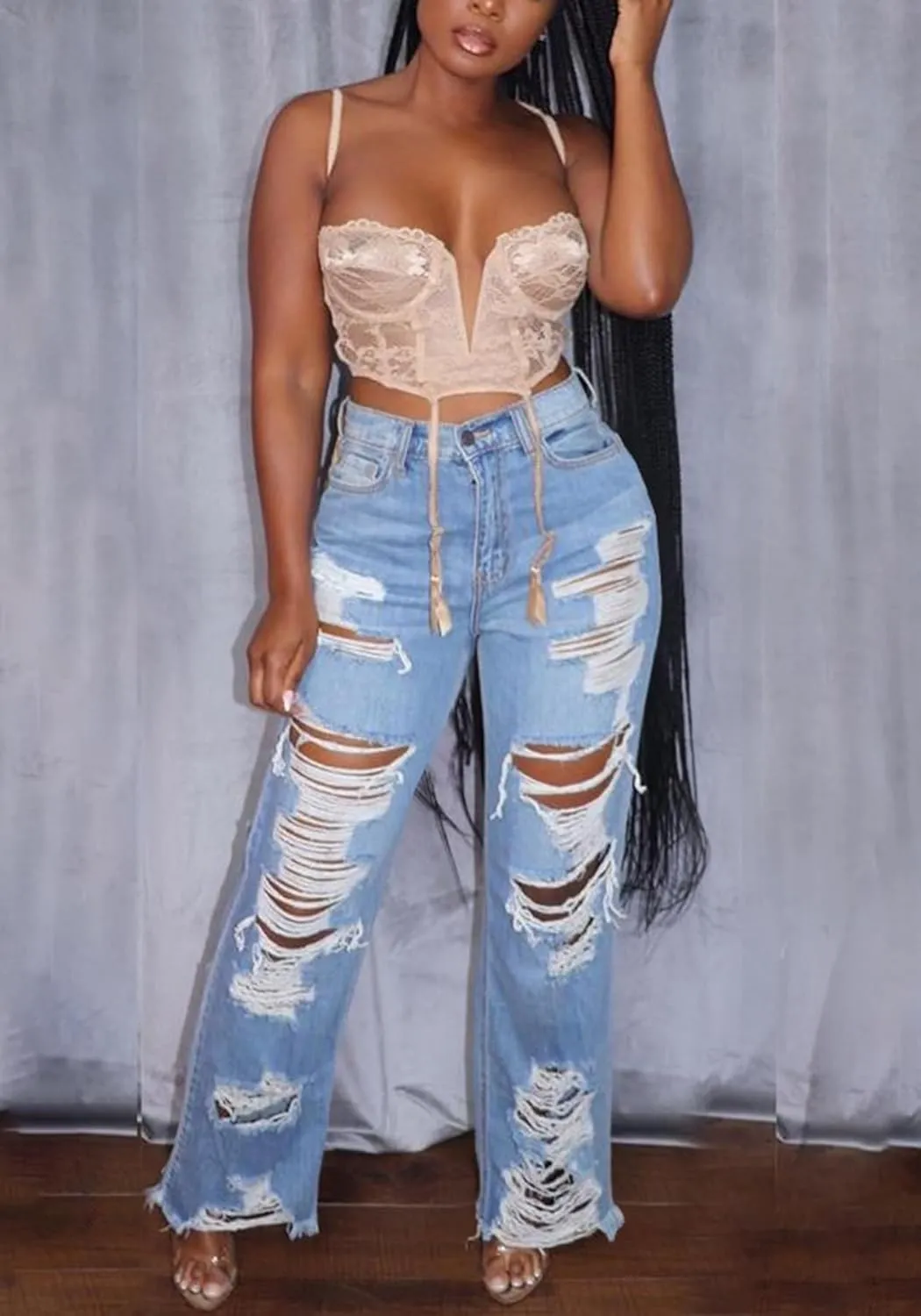 Famnbro Womens Ripped Jeans Y2K High Waisted Distressed Straight Wide Leg Boyfriend Denim Baggy Jeans