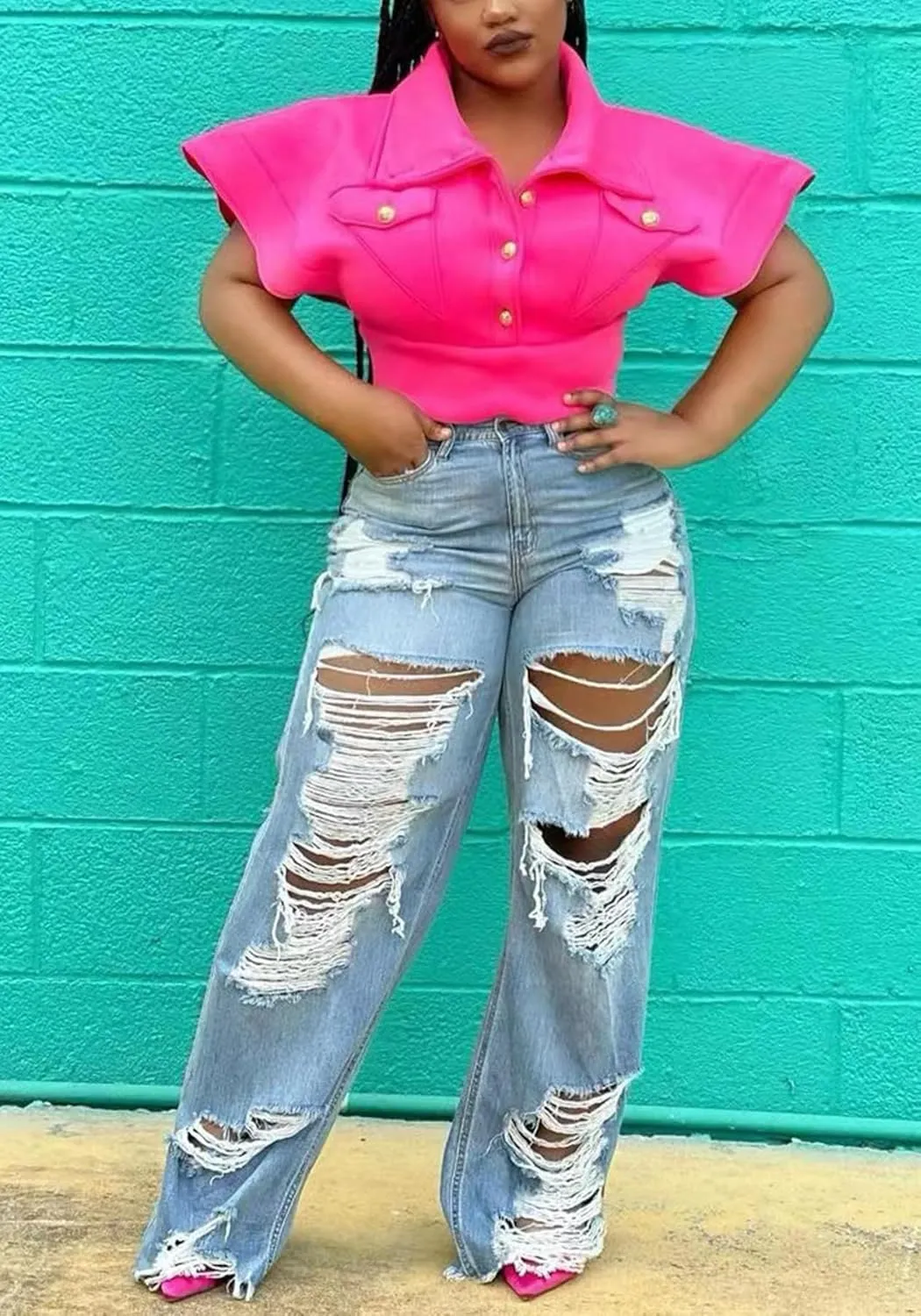 Famnbro Womens Ripped Jeans Y2K High Waisted Distressed Straight Wide Leg Boyfriend Denim Baggy Jeans