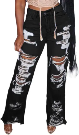 Famnbro Womens Ripped Jeans Y2K High Waisted Distressed Straight Wide Leg Boyfriend Denim Baggy Jeans