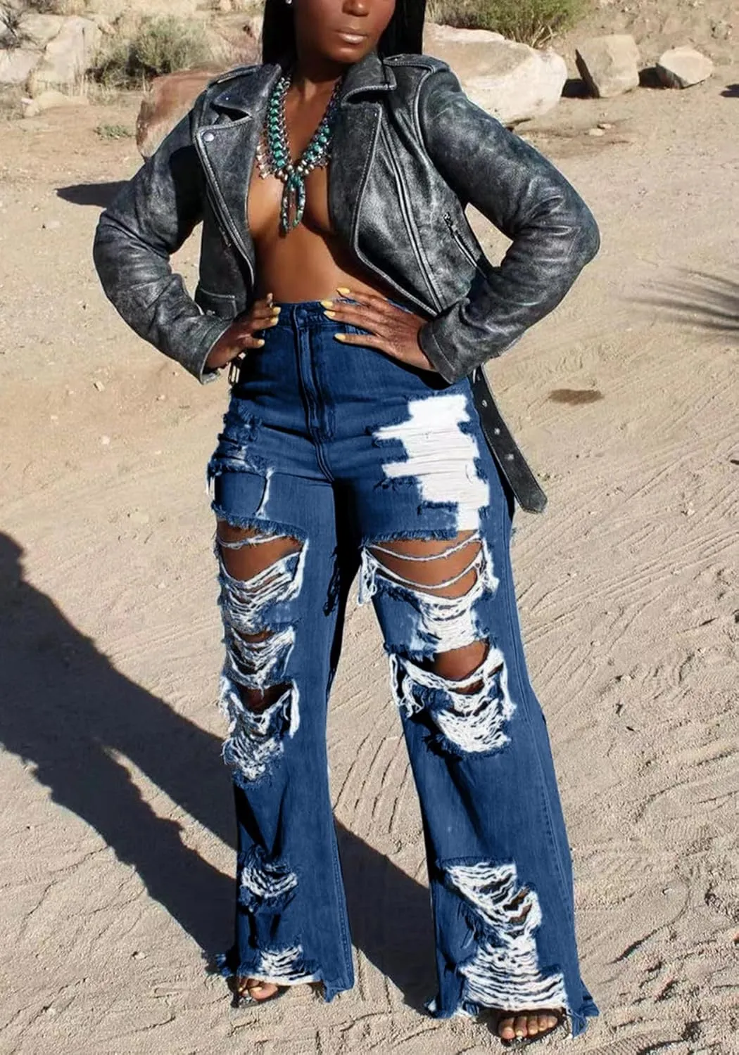 Famnbro Womens Ripped Jeans Y2K High Waisted Distressed Straight Wide Leg Boyfriend Denim Baggy Jeans