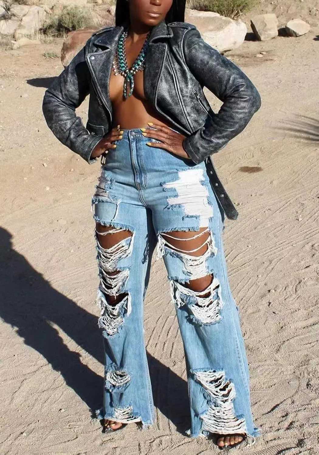 Famnbro Womens Ripped Jeans Y2K High Waisted Distressed Straight Wide Leg Boyfriend Denim Baggy Jeans