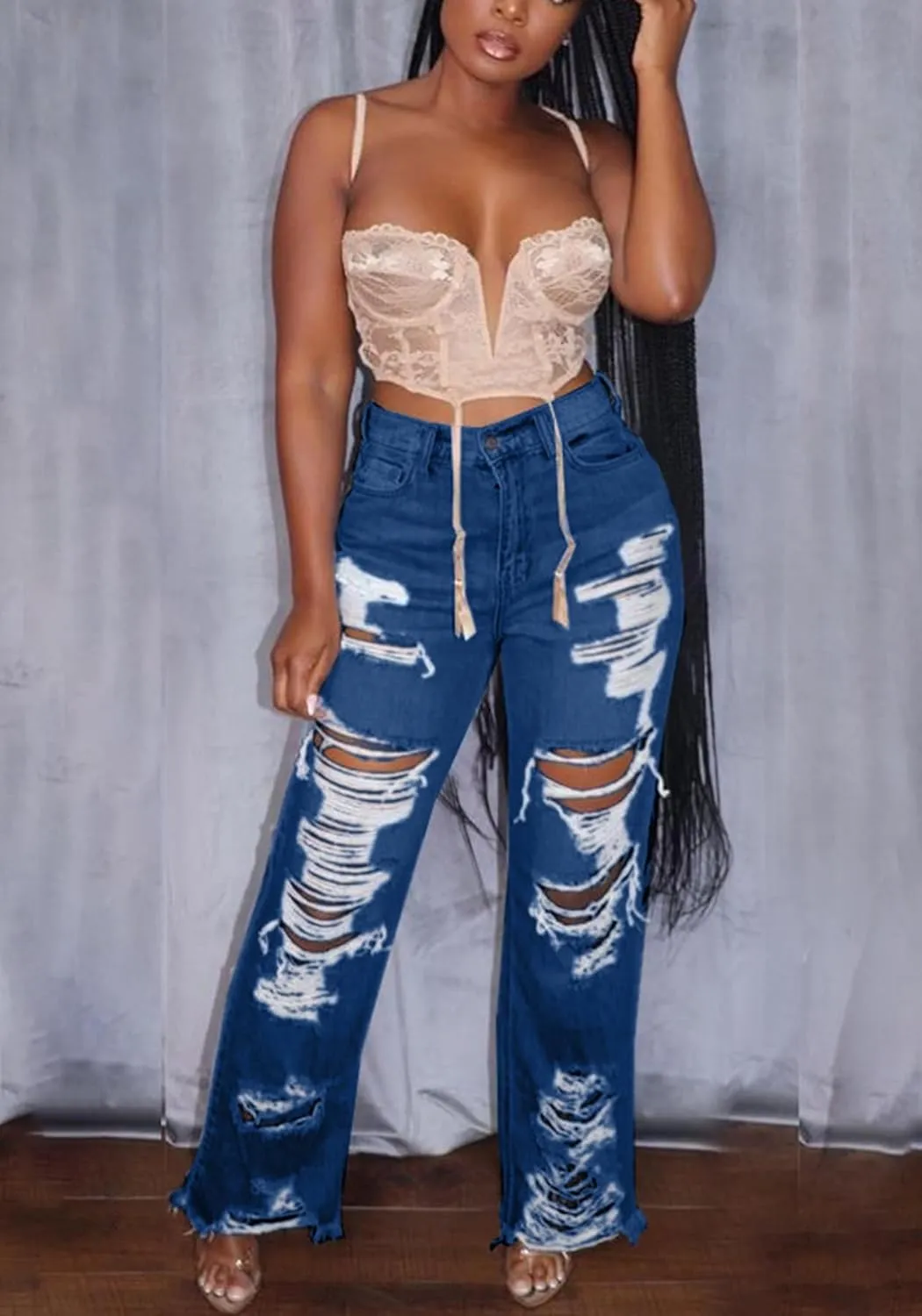 Famnbro Womens Ripped Jeans Y2K High Waisted Distressed Straight Wide Leg Boyfriend Denim Baggy Jeans