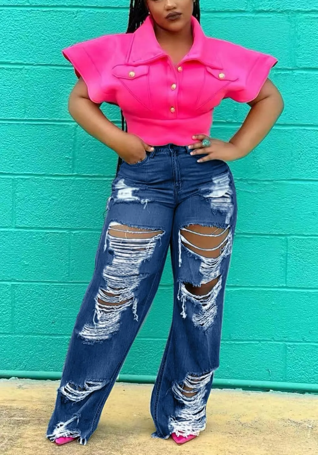 Famnbro Womens Ripped Jeans Y2K High Waisted Distressed Straight Wide Leg Boyfriend Denim Baggy Jeans