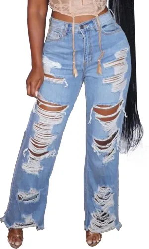 Famnbro Womens Ripped Jeans Y2K High Waisted Distressed Straight Wide Leg Boyfriend Denim Baggy Jeans