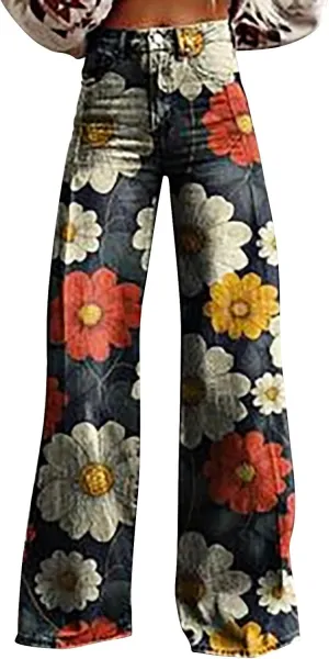 Floral Jeans for Women 2025 Wide Leg Baggy Pant Vintage Floral Print High Waisted Straight Stretch Pants with Pocket