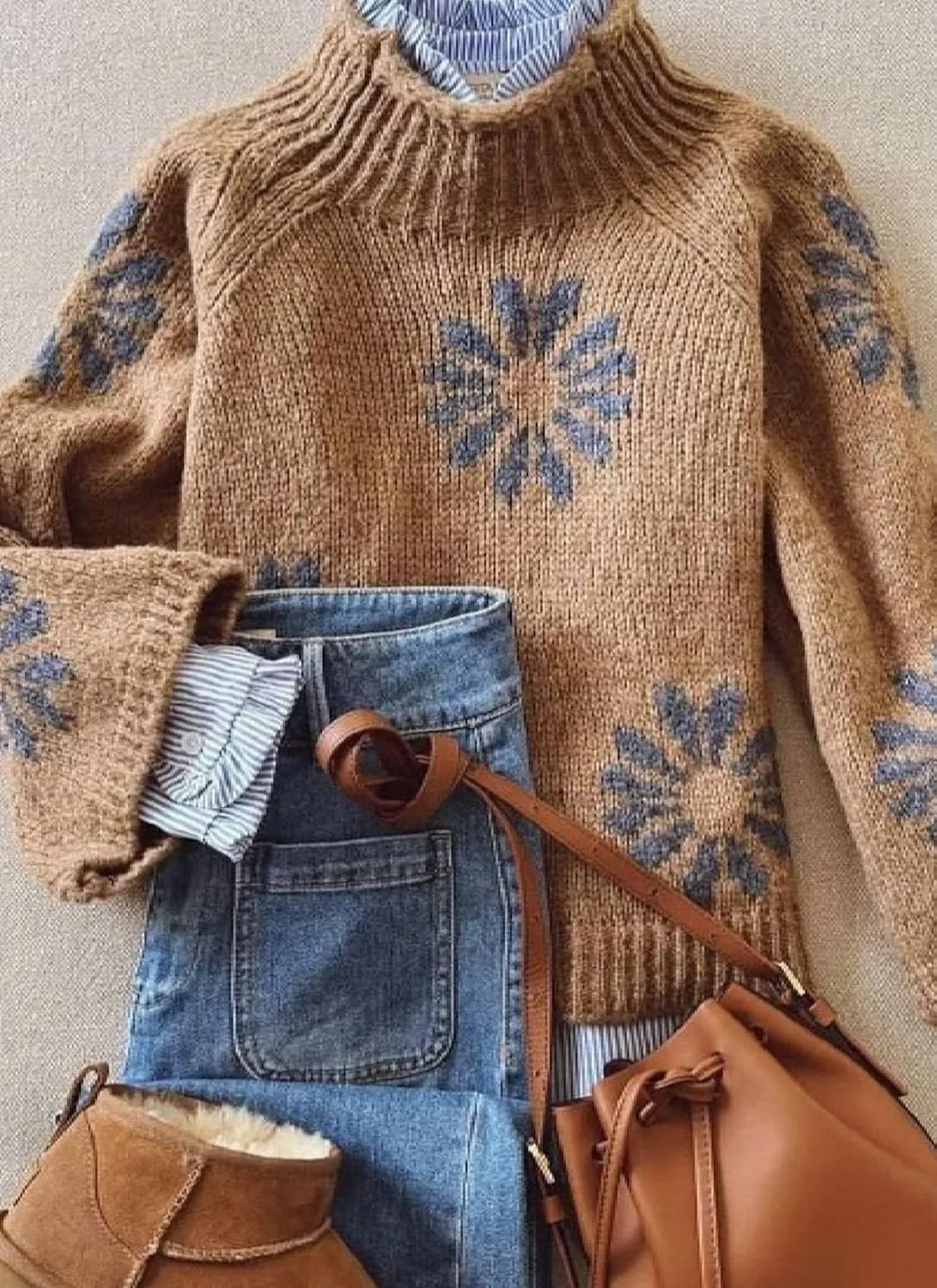 Floral Sweater Women's Retro Brown Mock Neck Sweaters Chunky Long Sleeve Knitted Tops Casual Print Jumpers