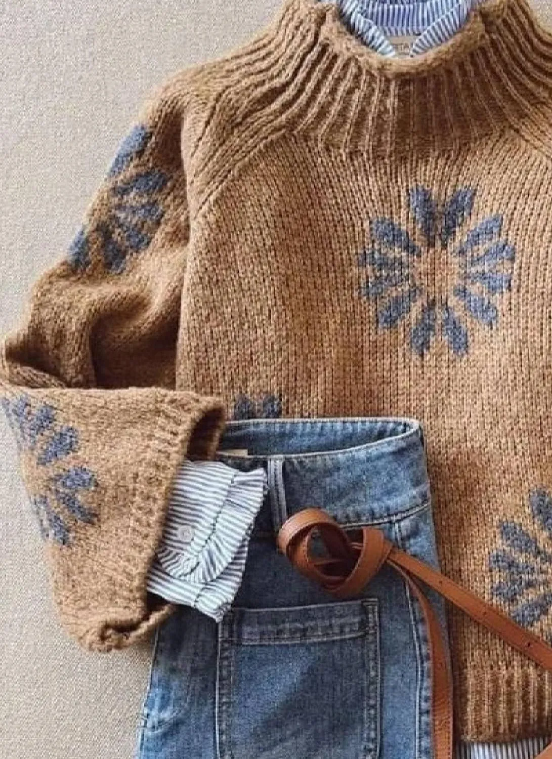 Floral Sweater Women's Retro Brown Mock Neck Sweaters Chunky Long Sleeve Knitted Tops Casual Print Jumpers