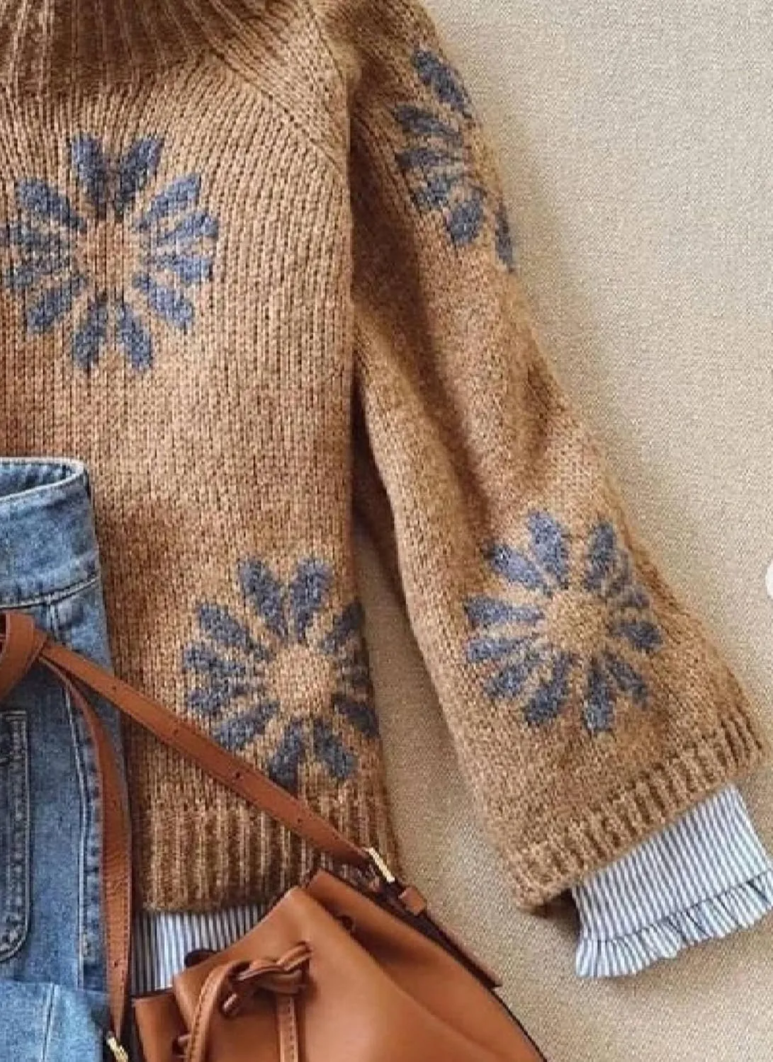 Floral Sweater Women's Retro Brown Mock Neck Sweaters Chunky Long Sleeve Knitted Tops Casual Print Jumpers