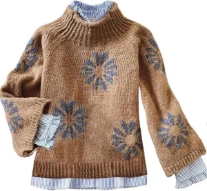 Floral Sweater Women's Retro Brown Mock Neck Sweaters Chunky Long Sleeve Knitted Tops Casual Print Jumpers