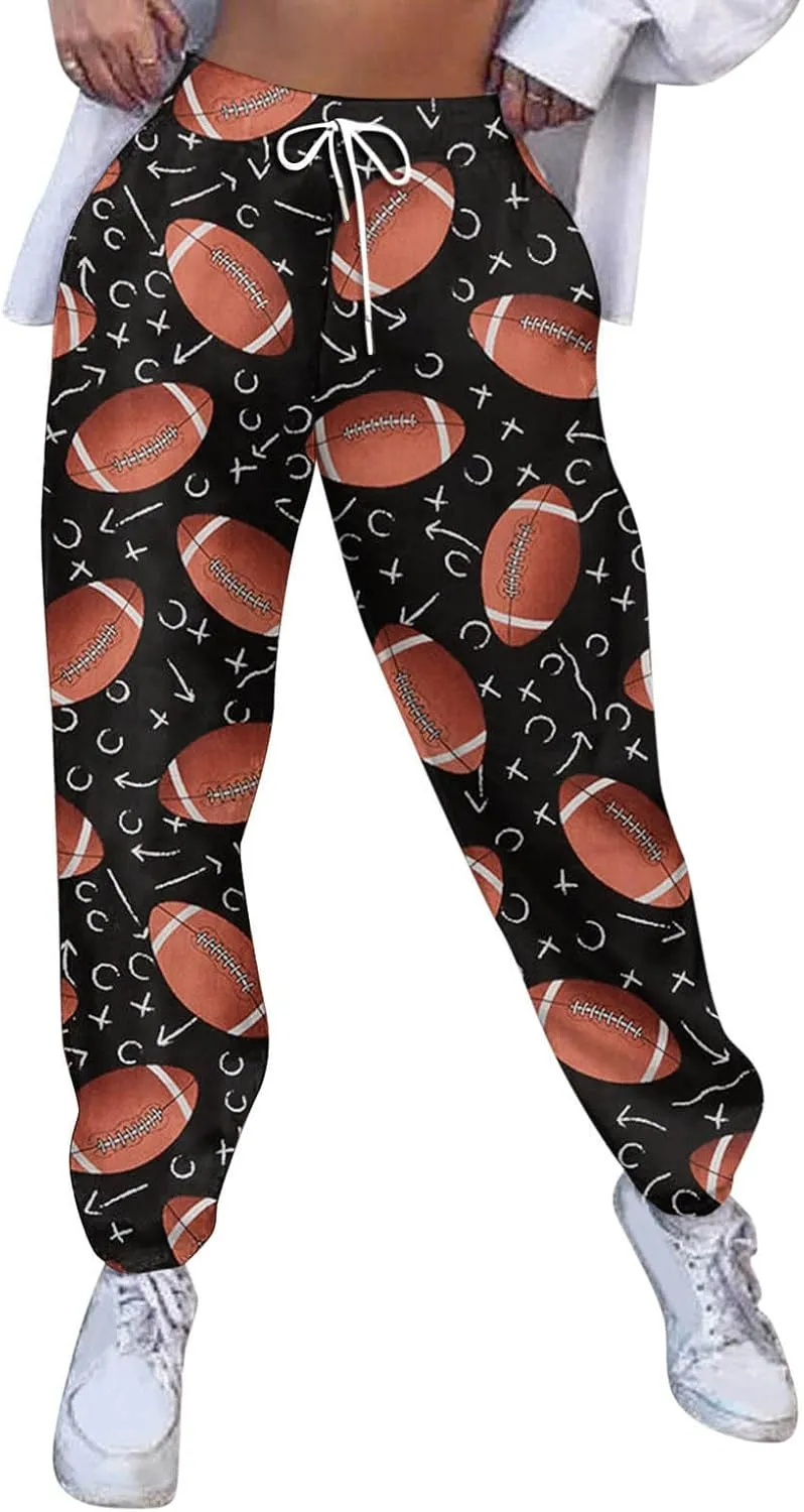 Game Day Football Sweatpants for Women Casual High Waist Pants Elastic Drawstring Workout Sports Jogger Sweatpants