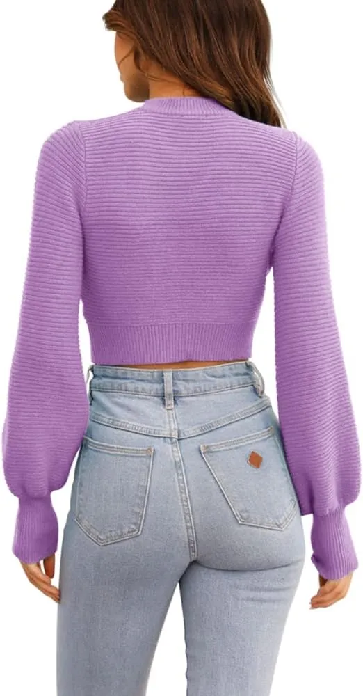 GeGekoko Womens Sexy Crew Neck Cropped Sweaters Ribbed Knit Long Sleeve Crop Tops Pullover