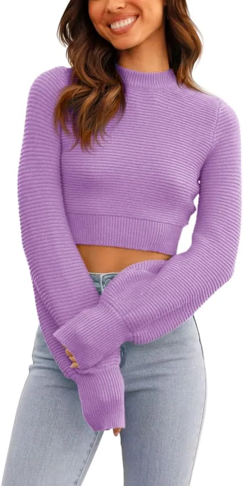 GeGekoko Womens Sexy Crew Neck Cropped Sweaters Ribbed Knit Long Sleeve Crop Tops Pullover