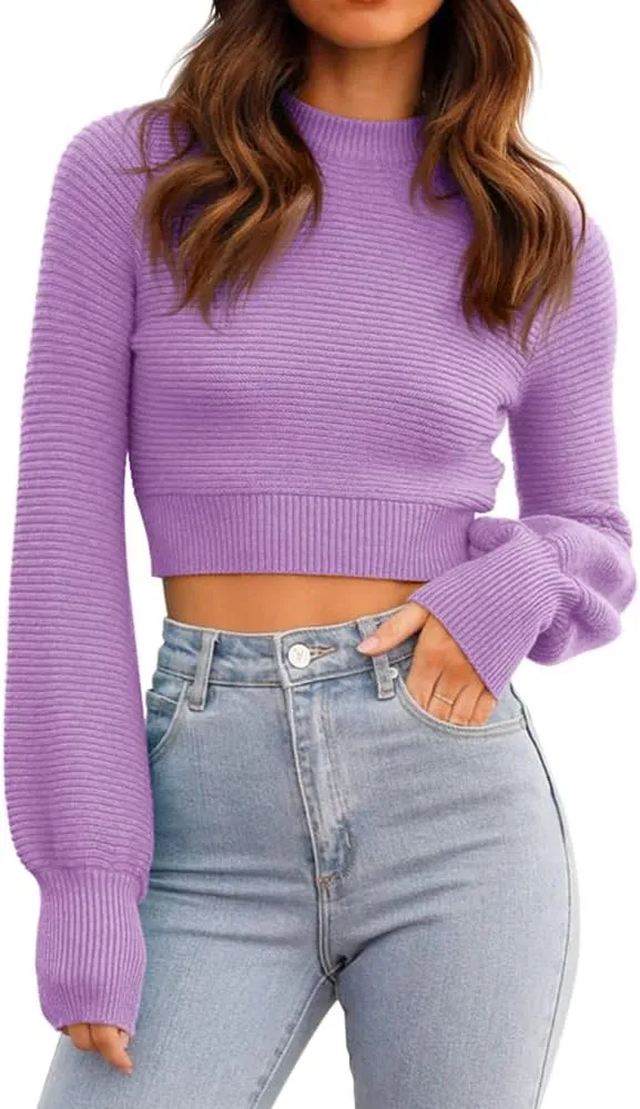 GeGekoko Womens Sexy Crew Neck Cropped Sweaters Ribbed Knit Long Sleeve Crop Tops Pullover