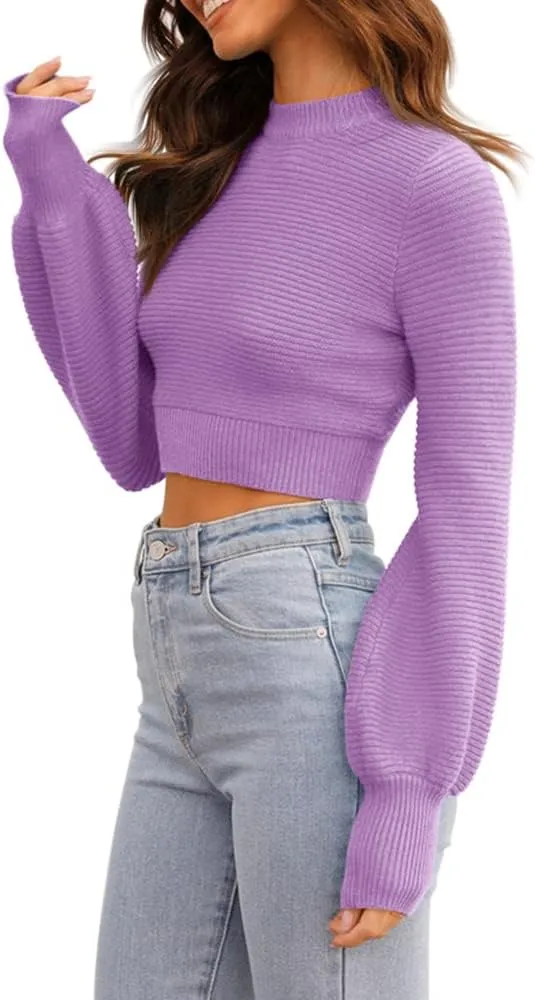 GeGekoko Womens Sexy Crew Neck Cropped Sweaters Ribbed Knit Long Sleeve Crop Tops Pullover