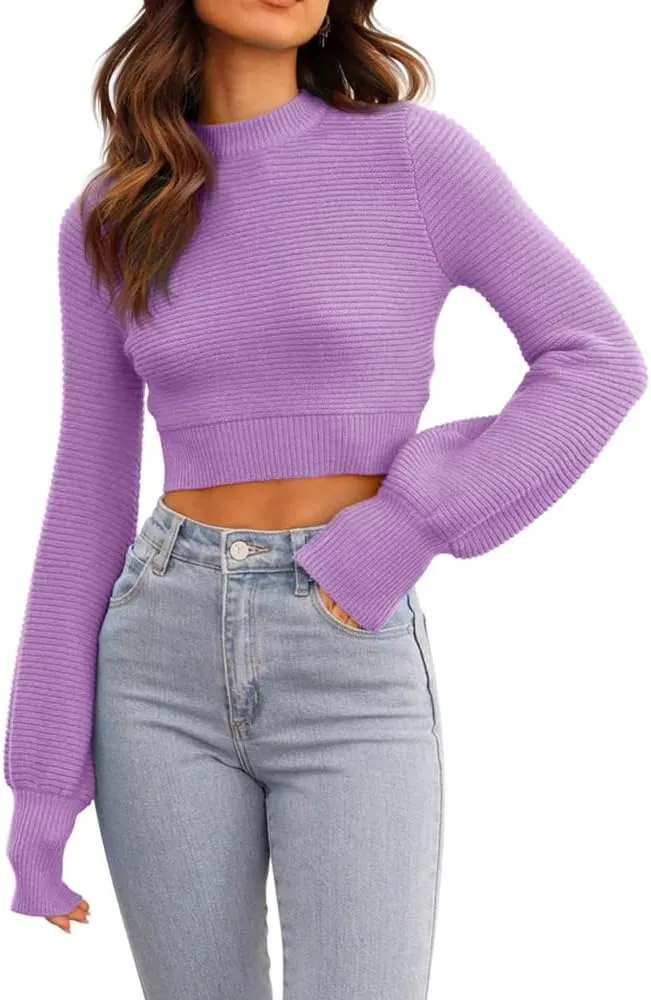 GeGekoko Womens Sexy Crew Neck Cropped Sweaters Ribbed Knit Long Sleeve Crop Tops Pullover