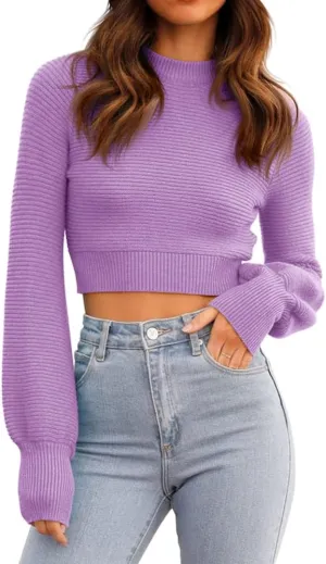 GeGekoko Womens Sexy Crew Neck Cropped Sweaters Ribbed Knit Long Sleeve Crop Tops Pullover