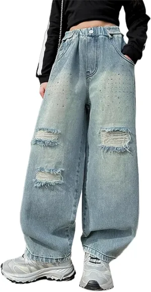 Girls Baggy Jeans 2025 Girls Loose Jeans Spring Summer and Autumn New Models for Middle and Large Children Retro Wide