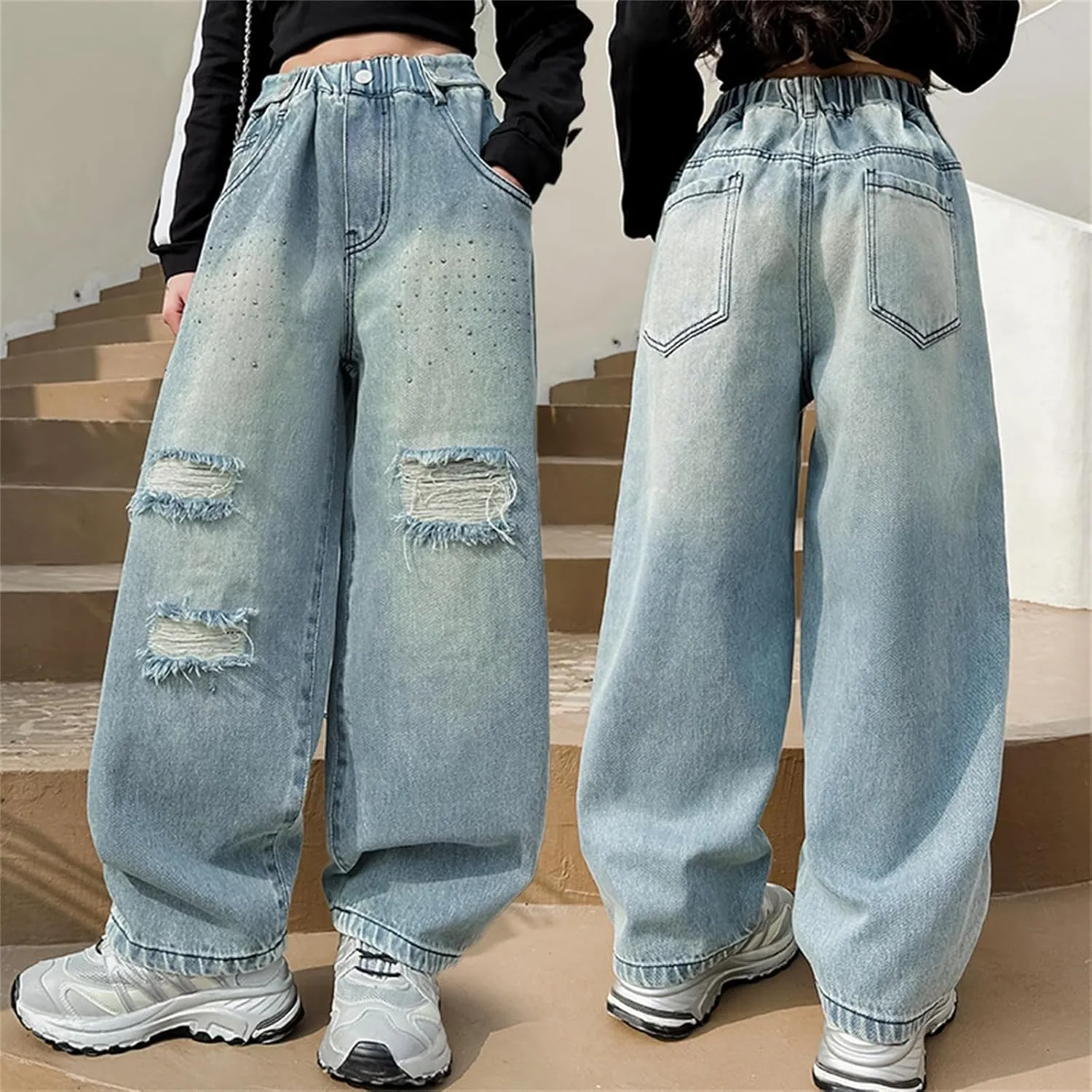 Girls Baggy Jeans 2025 Girls Loose Jeans Spring Summer and Autumn New Models for Middle and Large Children Retro Wide