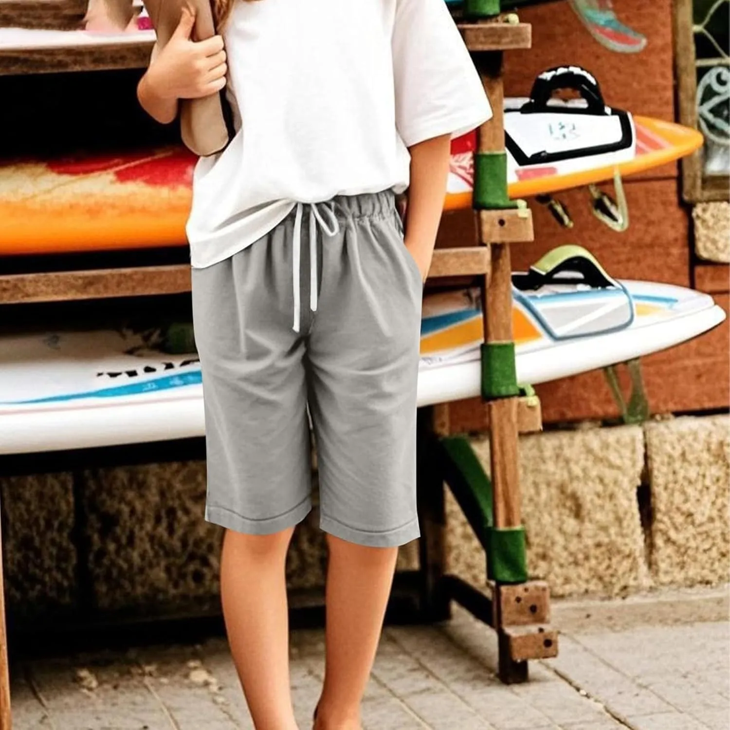 Girls Casual Bermuda Shorts Kids Knee Length High Waisted Summer Shorts Linen Comfy Drawstring Short Pants with