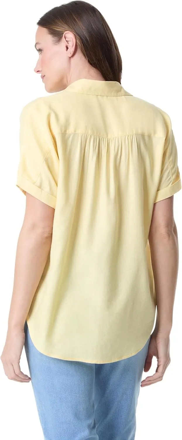 Gloria Vanderbilt Women's Daisy Short Sleeve High-Low Button Down Shirt Petite