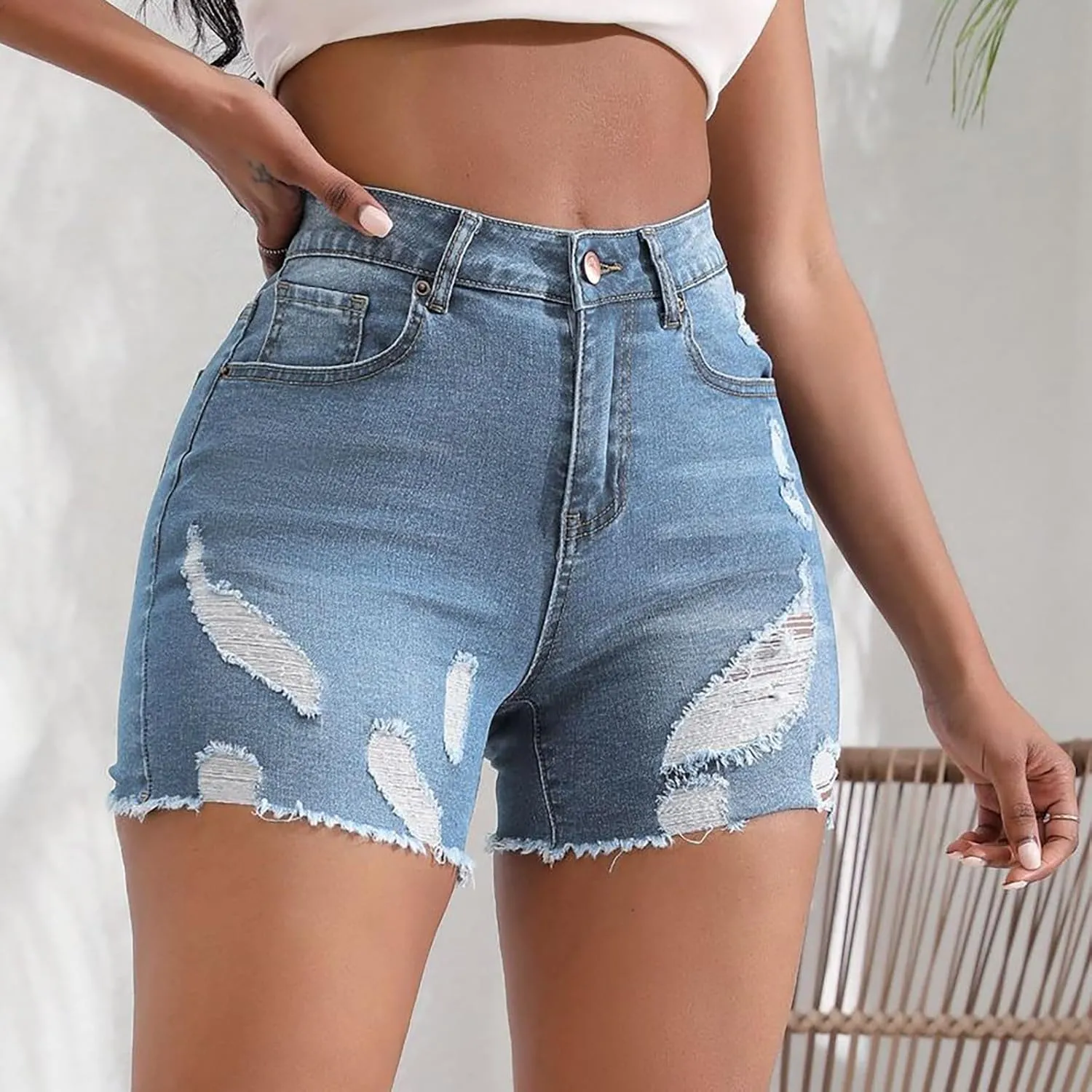 GOKKILRW Womens Ripped Jeans Shorts Summer Stretch Skinny Distressed Straight Leg Stylish High Waist Curvy Denim Shorts Sexy