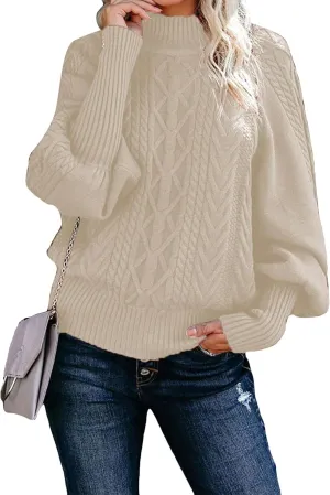 GORIFE Womens Cable Knit Sweater Chunky Turtleneck Pullover Solid Color Puff Sleeve Sweater Top
