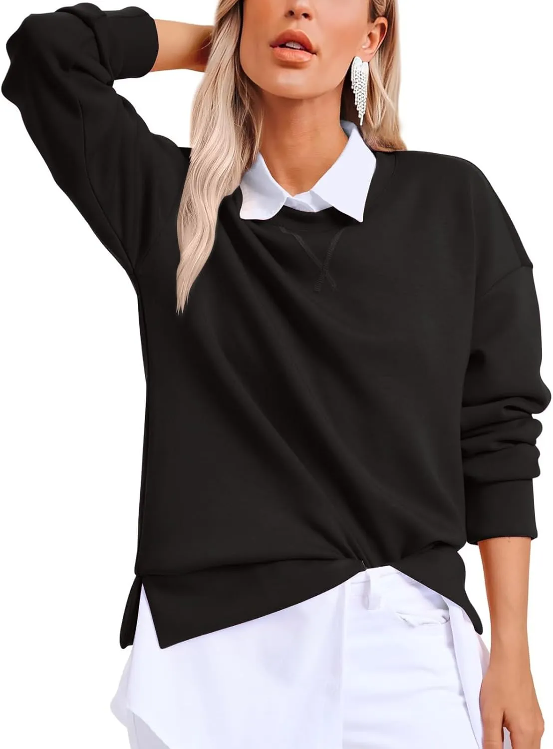 Gumipy Oversized Sweatshirt for Women Side Split Fleece Crewneck Sweatshirts Long Sleeve Womens Sweatshirt Spring Clothes