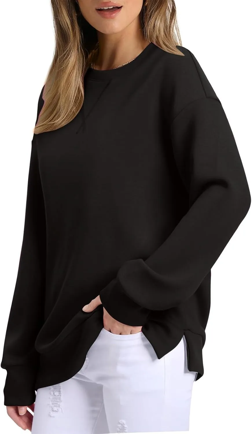 Gumipy Oversized Sweatshirt for Women Side Split Fleece Crewneck Sweatshirts Long Sleeve Womens Sweatshirt Spring Clothes