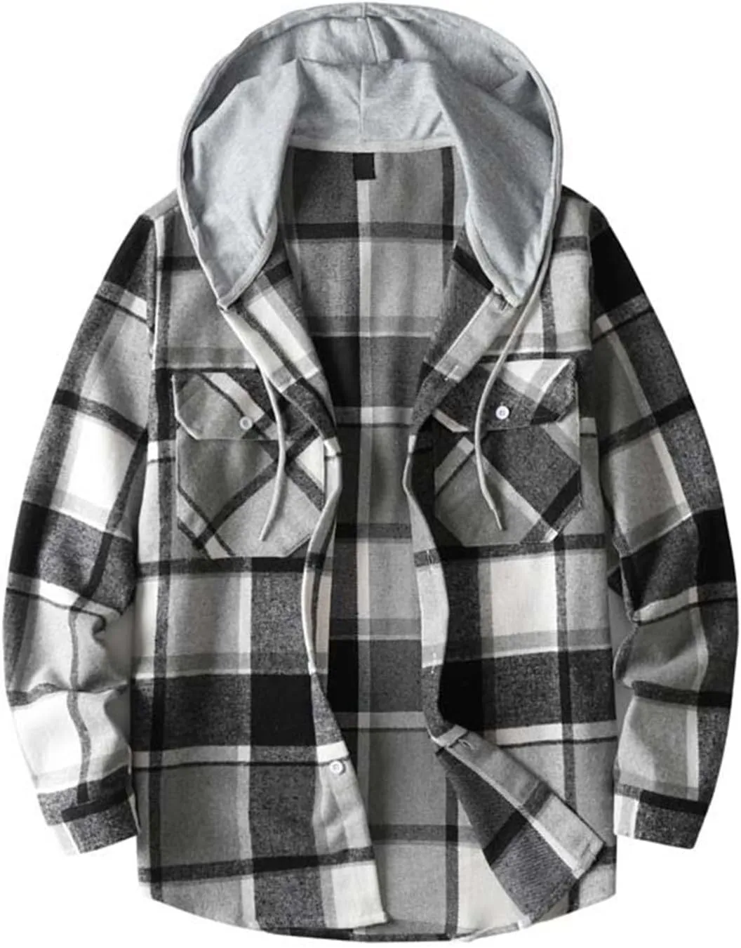 Hooded Plaid Shirt for Men Cotton Long Sleeve Button Casual Jacket Autumn Sport Street Style Hoodies with Pocket