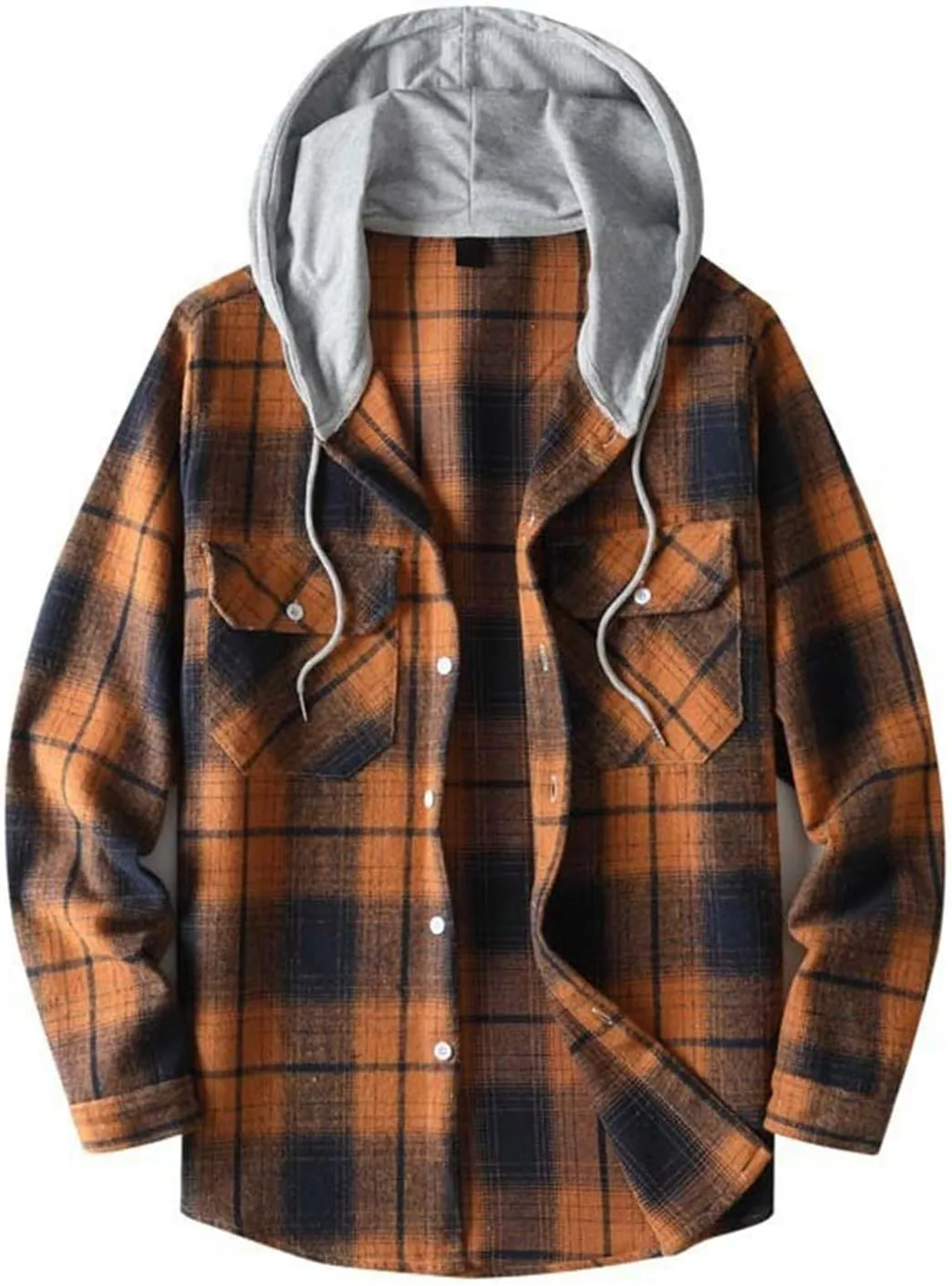 Hooded Plaid Shirt for Men Cotton Long Sleeve Button Casual Jacket Autumn Sport Street Style Hoodies with Pocket