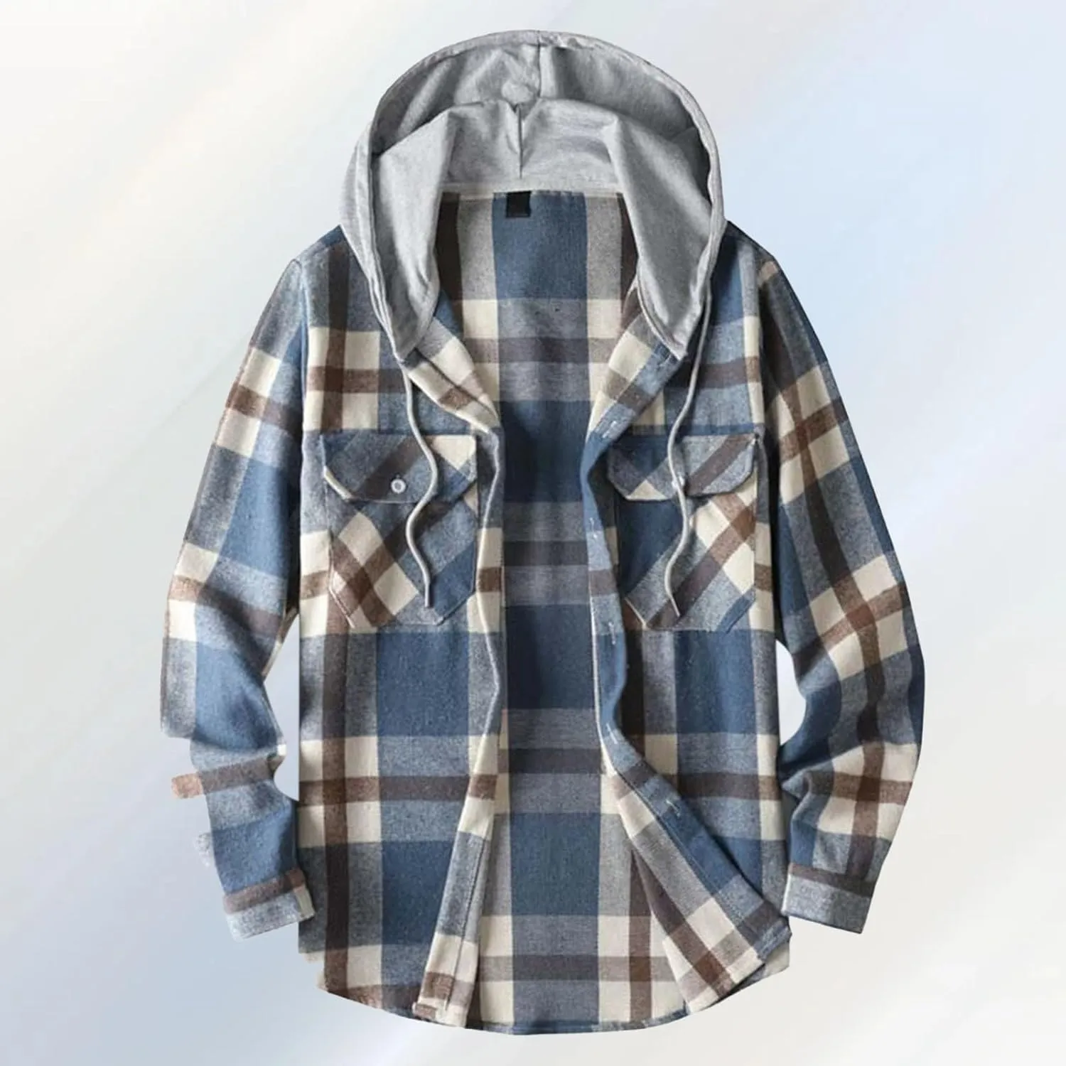 Hooded Plaid Shirt for Men Cotton Long Sleeve Button Casual Jacket Autumn Sport Street Style Hoodies with Pocket