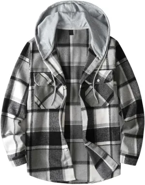Hooded Plaid Shirt for Men Cotton Long Sleeve Button Casual Jacket Autumn Sport Street Style Hoodies with Pocket