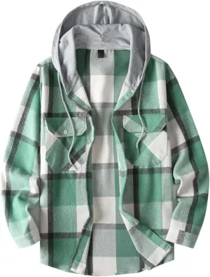 Hooded Plaid Shirt for Men Cotton Long Sleeve Button Casual Jacket Autumn Sport Street Style Hoodies with Pocket