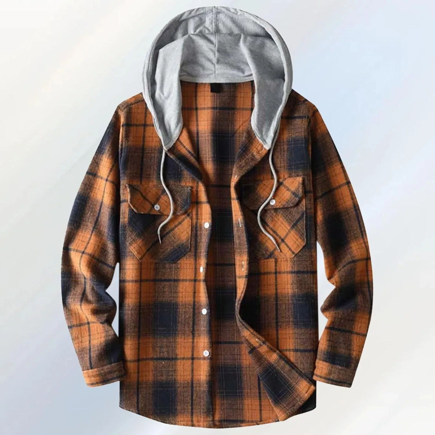 Hooded Plaid Shirt for Men Cotton Long Sleeve Button Casual Jacket Autumn Sport Street Style Hoodies with Pocket