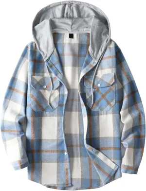 Hooded Plaid Shirt for Men Cotton Long Sleeve Button Casual Jacket Autumn Sport Street Style Hoodies with Pocket