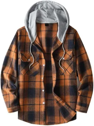 Hooded Plaid Shirt for Men Cotton Long Sleeve Button Casual Jacket Autumn Sport Street Style Hoodies with Pocket