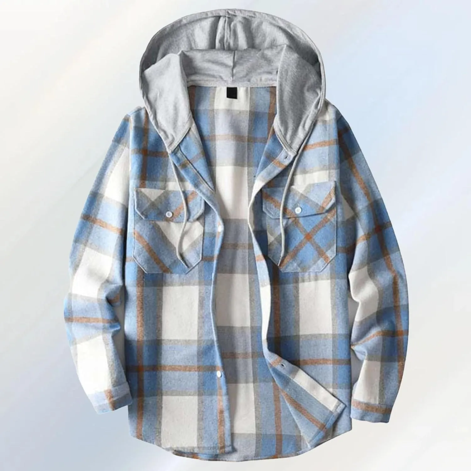 Hooded Plaid Shirt for Men Cotton Long Sleeve Button Casual Jacket Autumn Sport Street Style Hoodies with Pocket